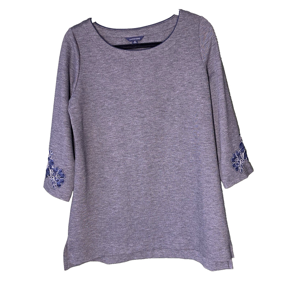 Lands End Shirt Womens Medium 10- 12 Pullover Casual Gray & Floral Tunic Blouse